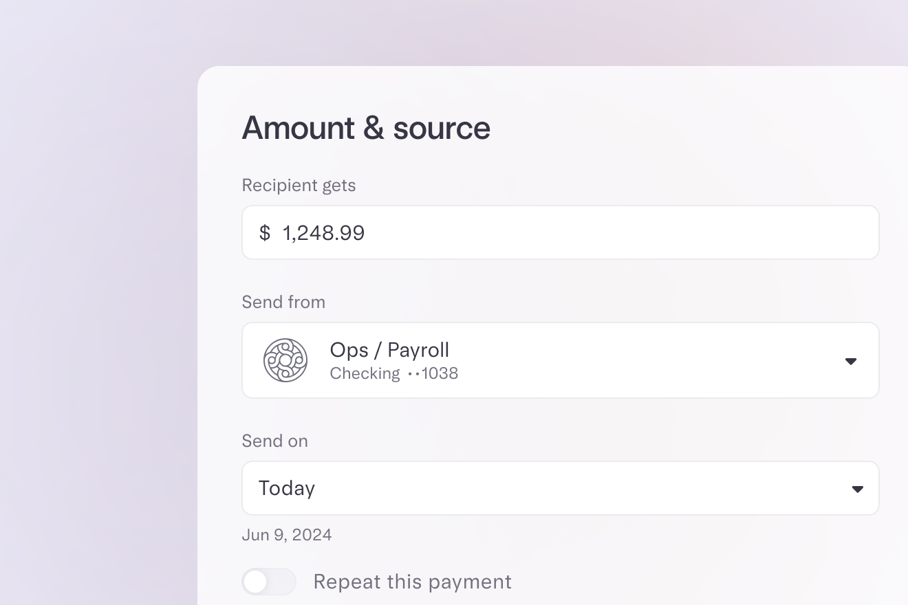 Illustration of interface displaying a payment transfer form with fields for amount, account, sending date, and a toggle to repeat the payment