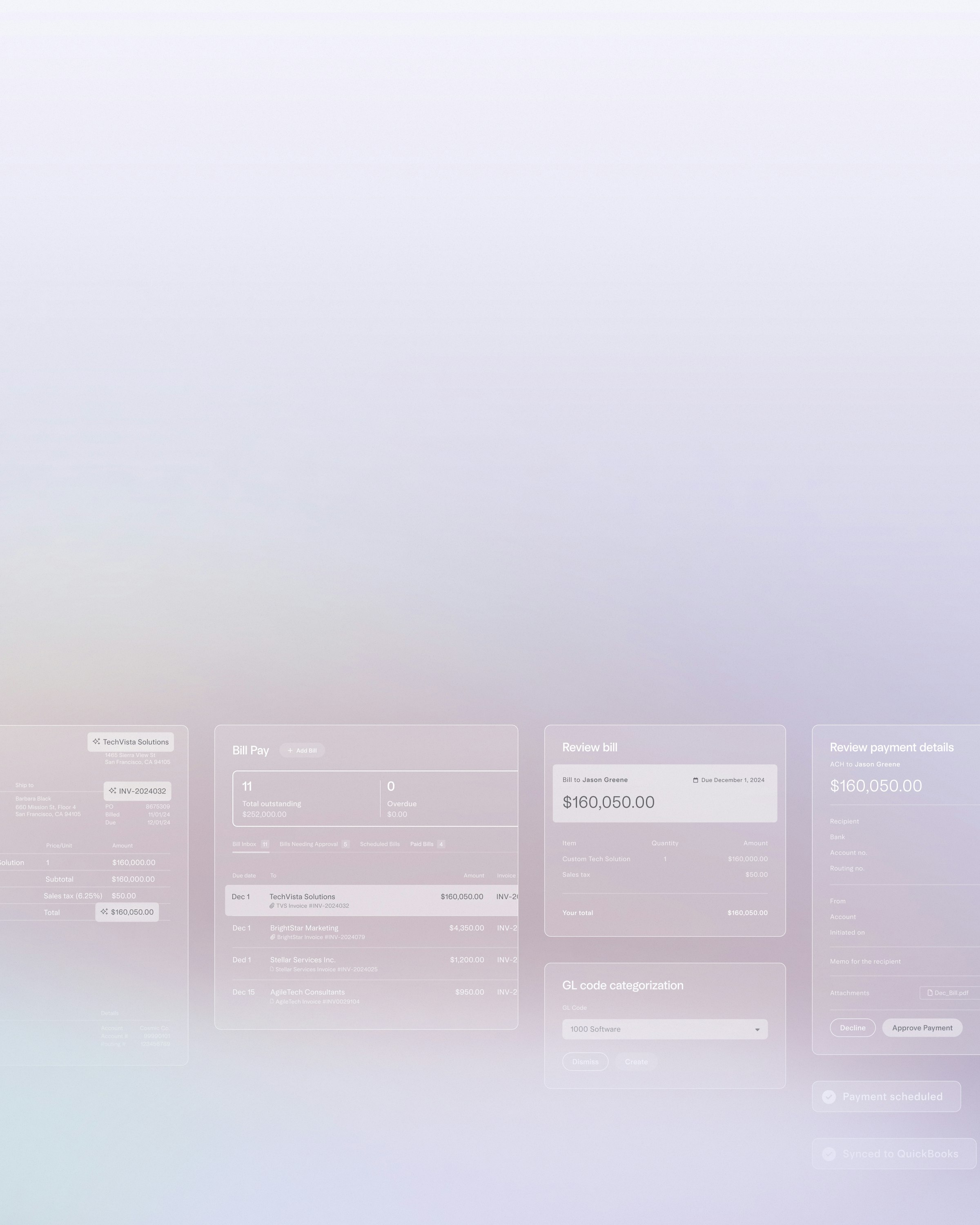 Imagery showing a transaction moving through bill pay, invoicing, and accounting workflows.