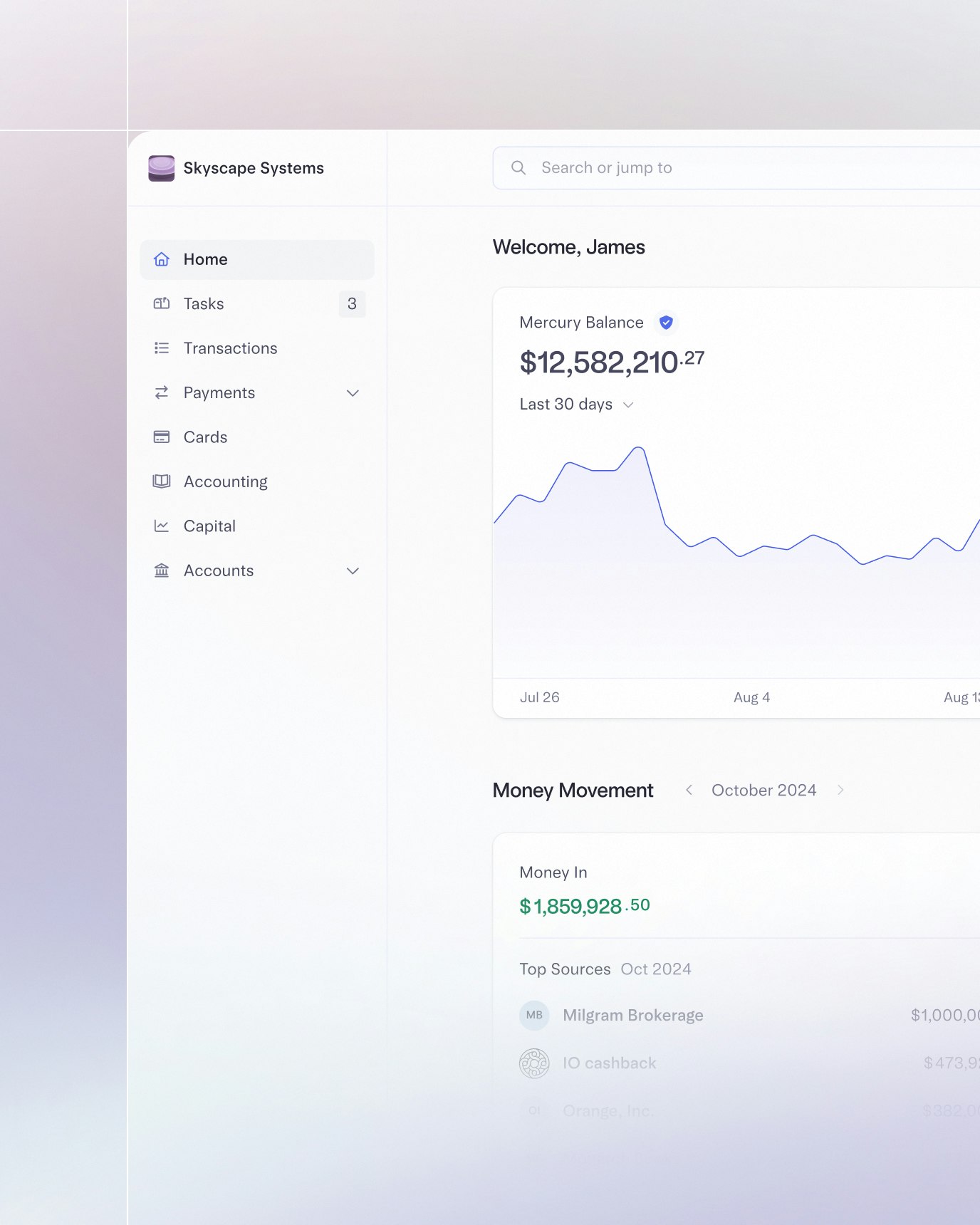 Image of Mercury dashboard with frosted glass UI of financial workflows surrounding it.