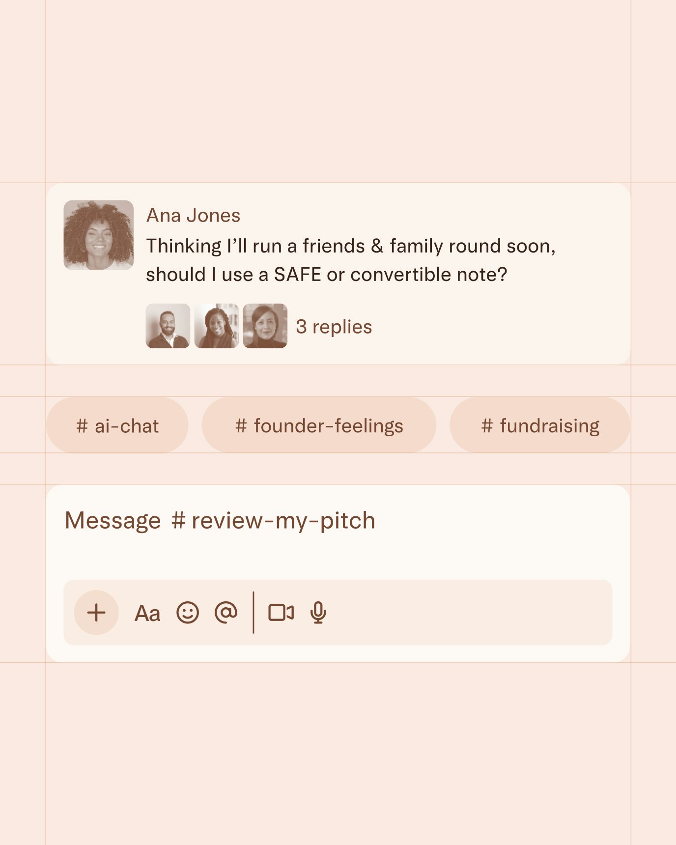 Collage of UI showing a sample message, channels from the founder community slack group.