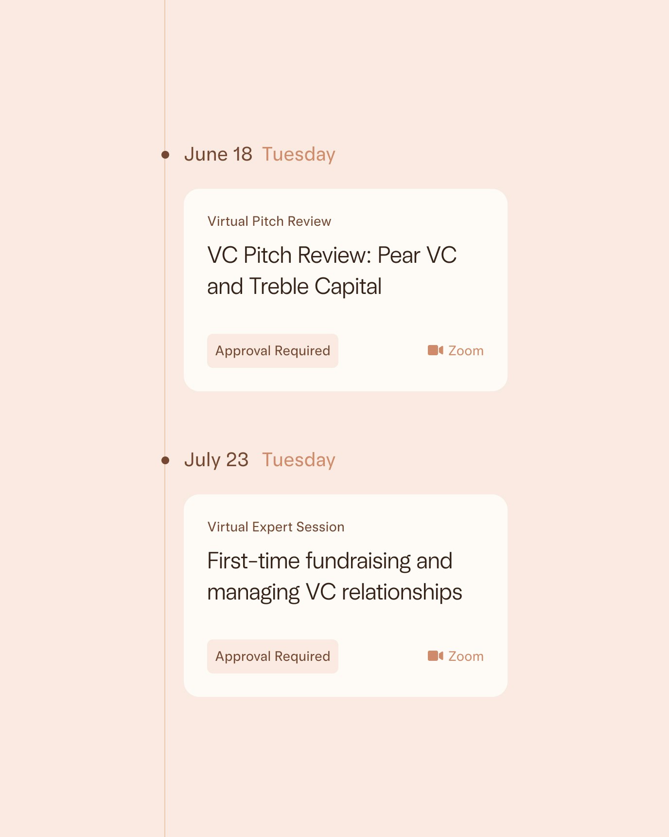 Examples of expert sessions and virtual pitch review events with experts/mentors.