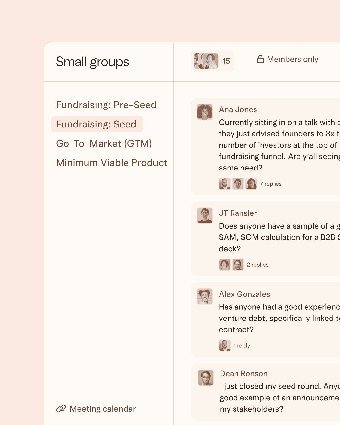 Referential messaging platform UI, showing the different small group channels that can be joined: fundraising: pre-seed, fundraising: seed, GTM, and minimum viable product.