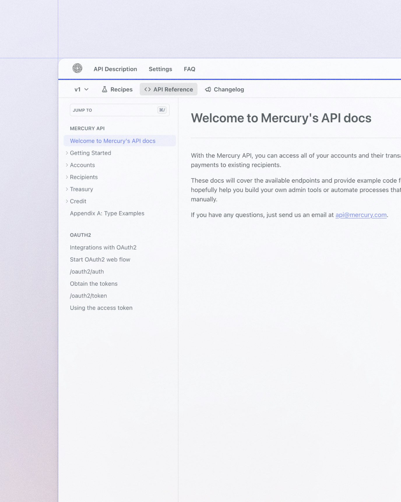 Screenshot of Mercuy's API Docs webpage