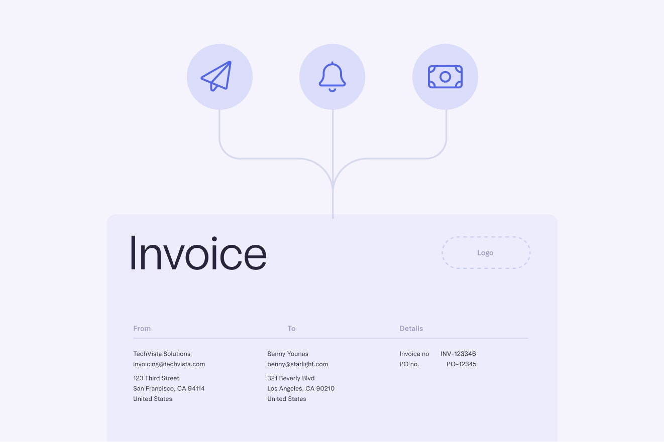 Image showing the actions you can take with invoices — send, remind, get paid all in Mercury.