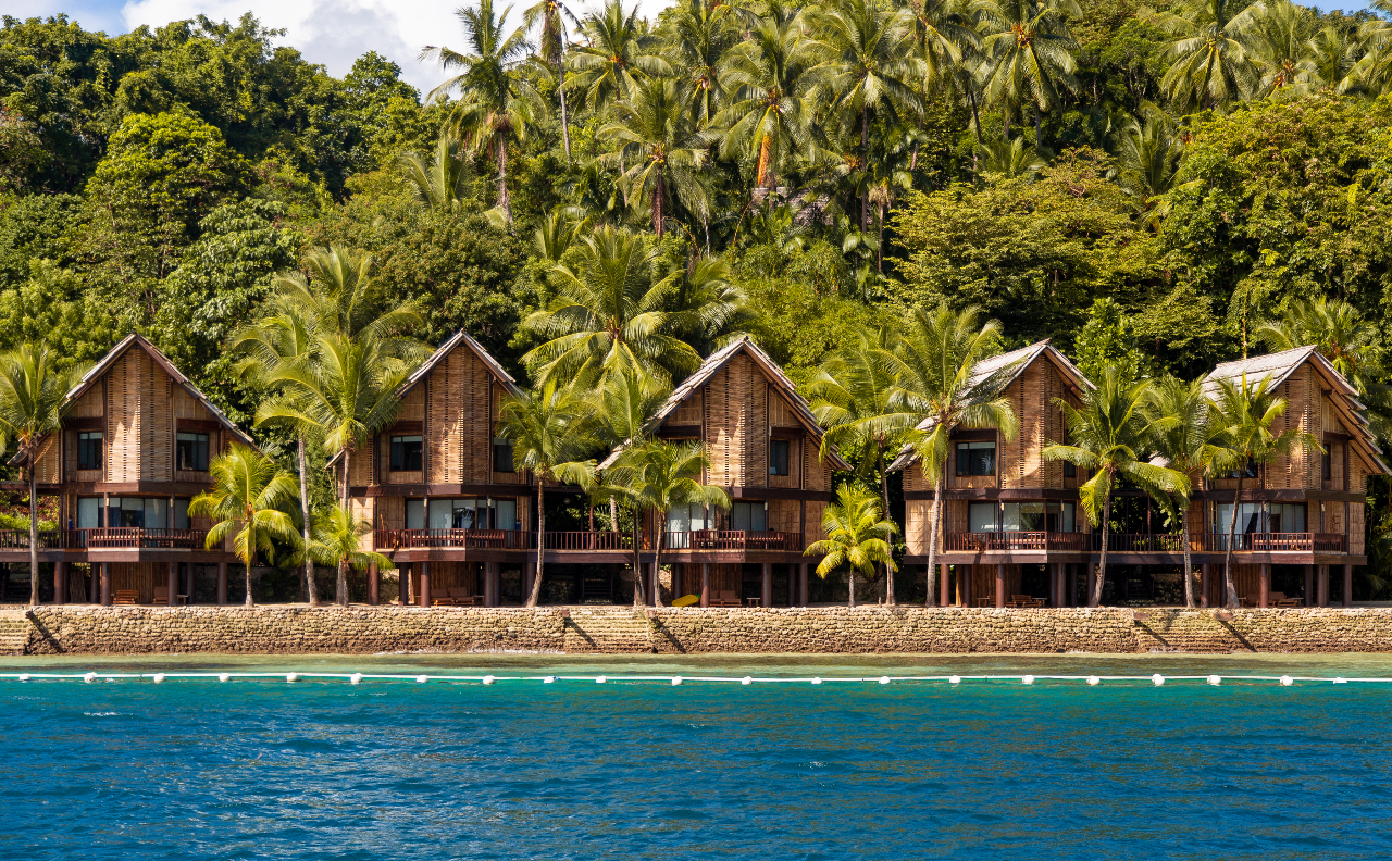 A pretty seaside resort in Davao City, Philippines. Cottages by the beach.