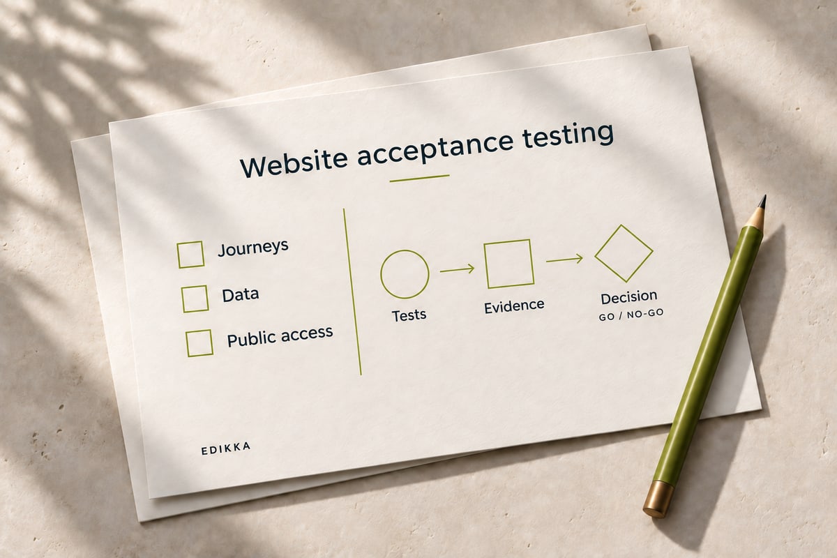 Acceptance testing: journeys, data and public access; tests and evidence inform the go/no-go decision.