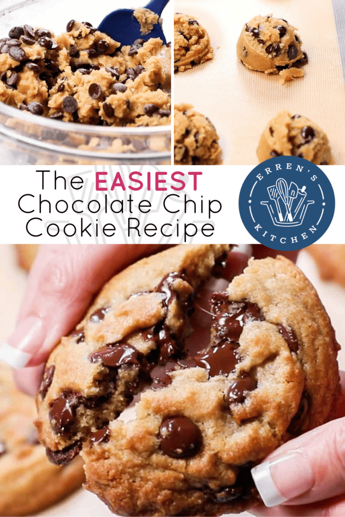 Images showing chocolate chip cookie dough in a bowl and the dough rolled into balls on a baking sheet ready to be baked. There is also a image of a competed cookie being broken in half with melted chocolate chips oozing out.