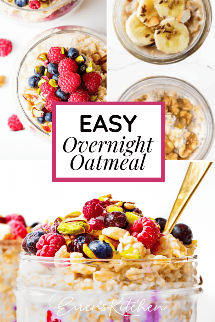 A promotional image showing a jar of overnight oatmeal topped with fresh fruit and honey.