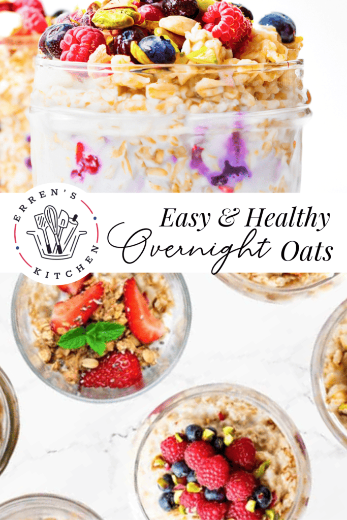 A promotional image showing different varieties of overnight oats and a jar of overnight oatmeal topped with fresh fruit, pistachios, and honey.