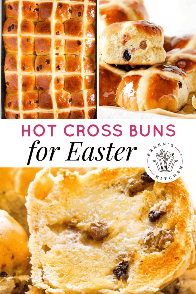 Hot cross buns: fluffy round rolls with raisins and spices marked with a cross and topped with a clear glossy glaze.