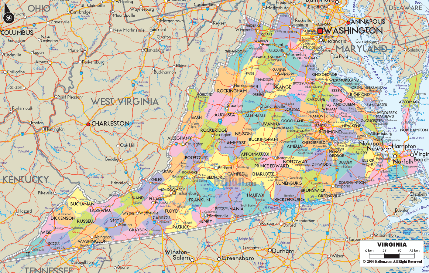 Detailed Political Map of Virginia - Ezilon Maps