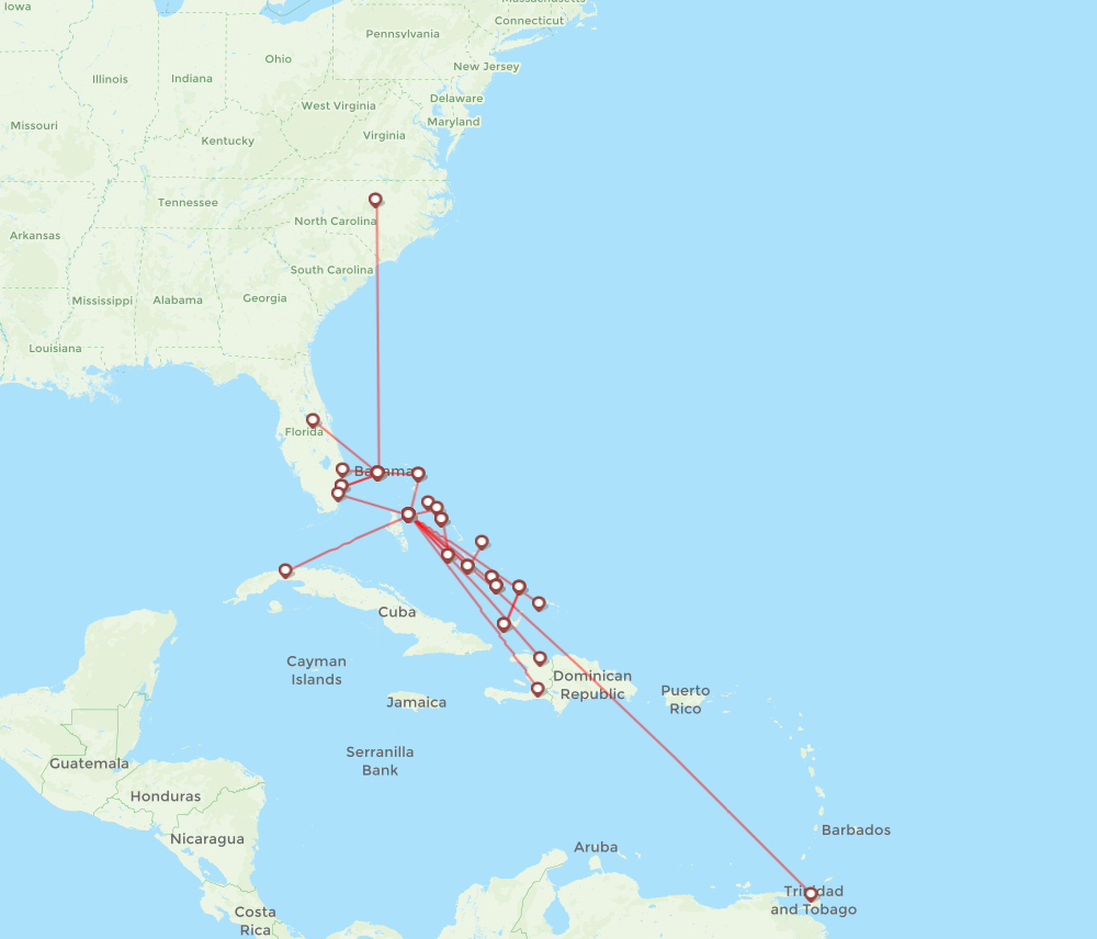 Bahamasair airline routes (UP) 2024, map - Flight Routes