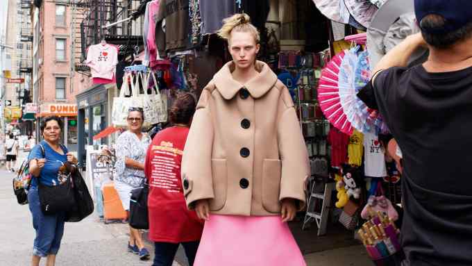 Marc Jacobs cotton Balmacaan coat, leather skirt and satin pumps, all POA