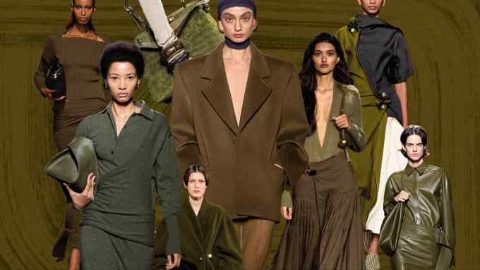 Clockwise from top left: khaki on the runway at Fendi, Saint Laurent by Anthony Vaccarello, Bottega Veneta, Ferragamo, Burberry, Philosophy di Lorenzo Serafini, Ferragamo and Chet Lo