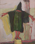 Painting of a figure with arms splayed out, wearing a robe and head covered. They are standing on a box.