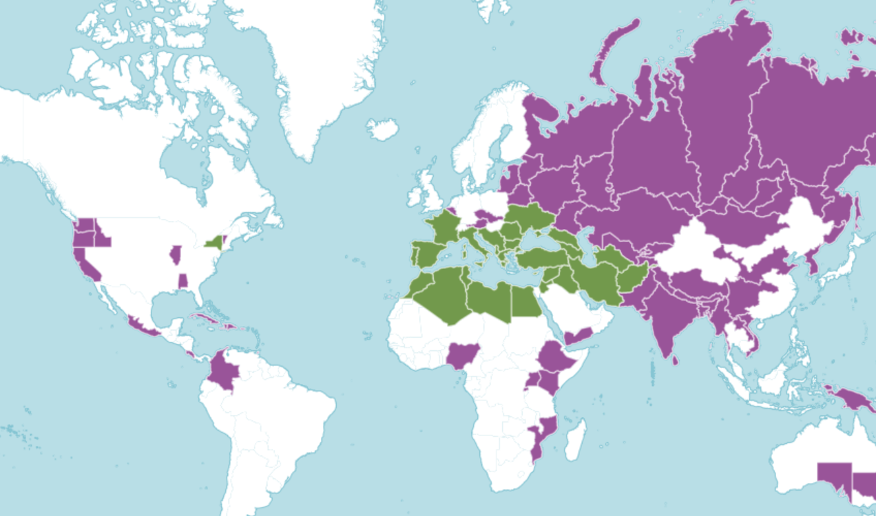 A map of the world showing where pea is native and introduced to