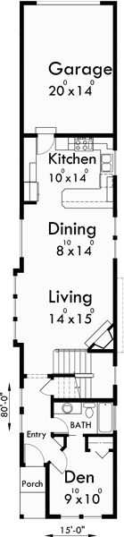 Main Floor Plan for 10119 Narrow lot house plans, house plans with rear garage, 4 bedroom house plans, 15 ft wide house plans, 10119