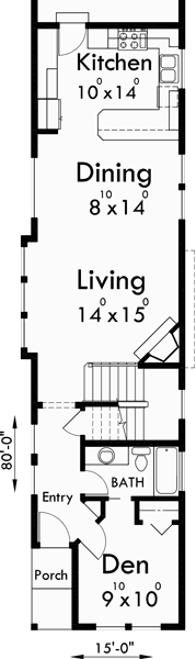 Main Floor Plan 2 for 10119 Narrow lot house plans, house plans with rear garage, 4 bedroom house plans, 15 ft wide house plans, 10119