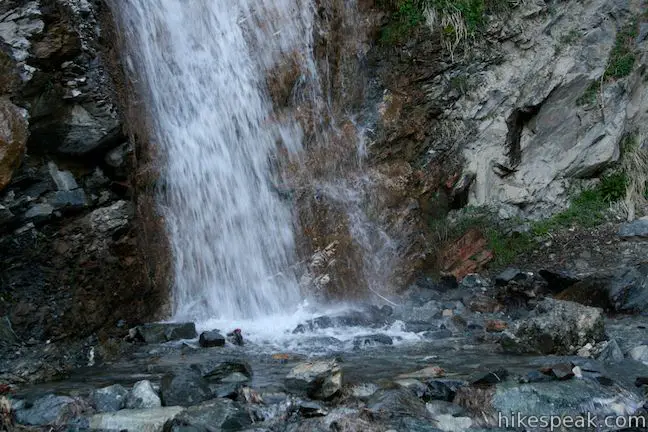 This multi-tier waterfall tumbles and slides down the side of Mount Baldy.