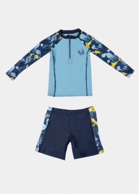 Blue Printed Boys Swimsuit (Shirt & Shorts)