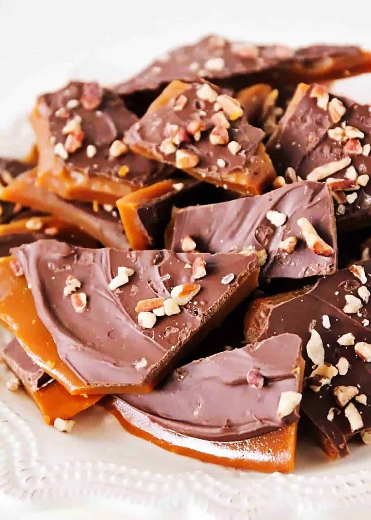 Best toffee recipe on a white plate.