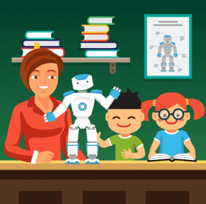 Students learning with teacher and robot; image by Iconicbestiary, via Freepik.com.