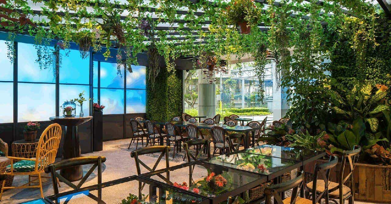 Wooden and black chair with Roof and handing plants from top and glass Table and large box windows showing Picnic cafe theme vibe