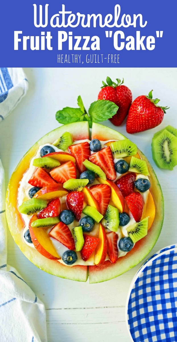 Watermelon Fruit Pizza Cake. A healthy, no-guilt summer dessert recipe. Fresh fruit dessert. The ultimate watermelon and fresh fruit dessert. www.modernhoney.com #fruit #fruitdessert #freshfruit #summer #summerdessert