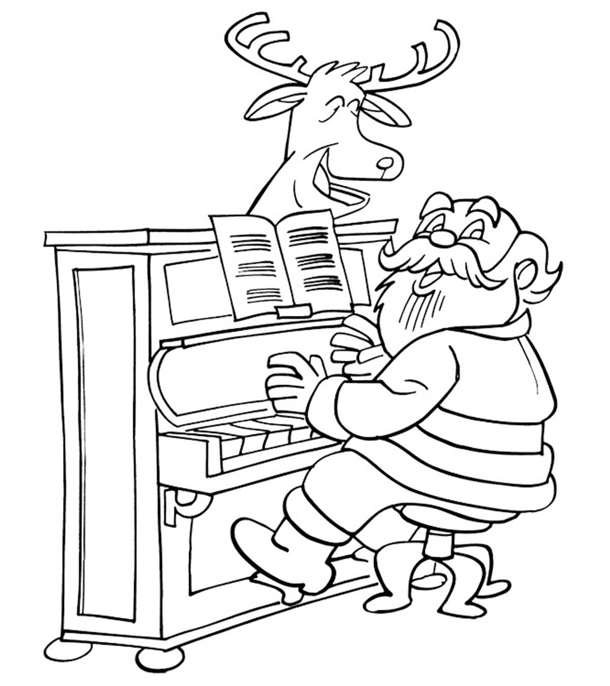 Santa Playing Piano With His Reindeer coloring page