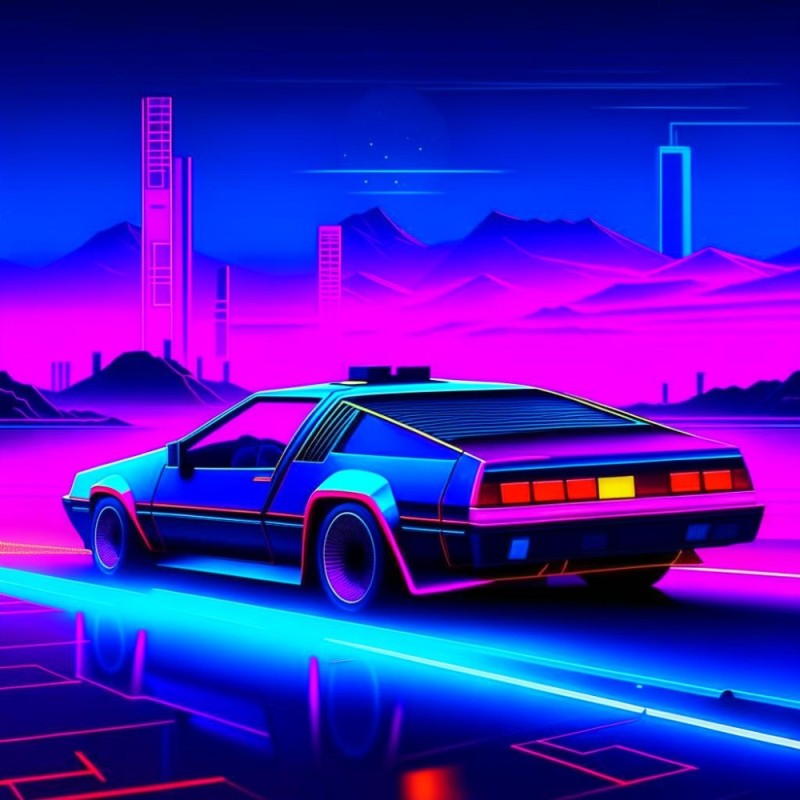 Create meme: delorean dmc-12 neon, neon racer, retrowave poster