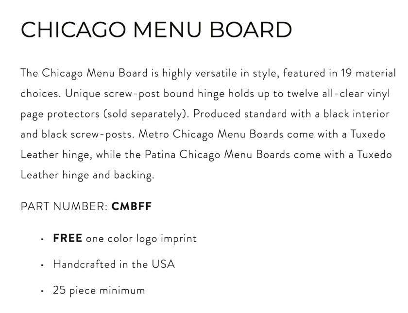 Chicago Menu Board Particulars - MenuCoverMan.com