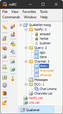 mIRC connected to the QuakeNet network, one of the most popular IRC networks