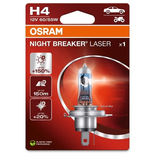 Pkt 1 H4 Night Breaker Laser +150% Halogen Globe 12V 60/55W