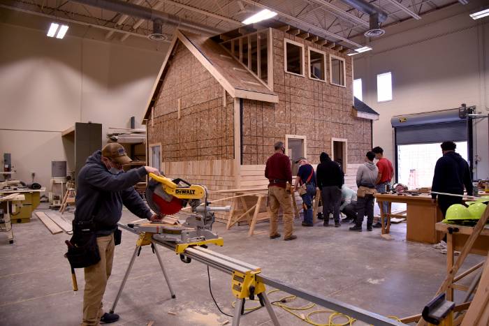 tiny house building in the carpentry lab at MVCC