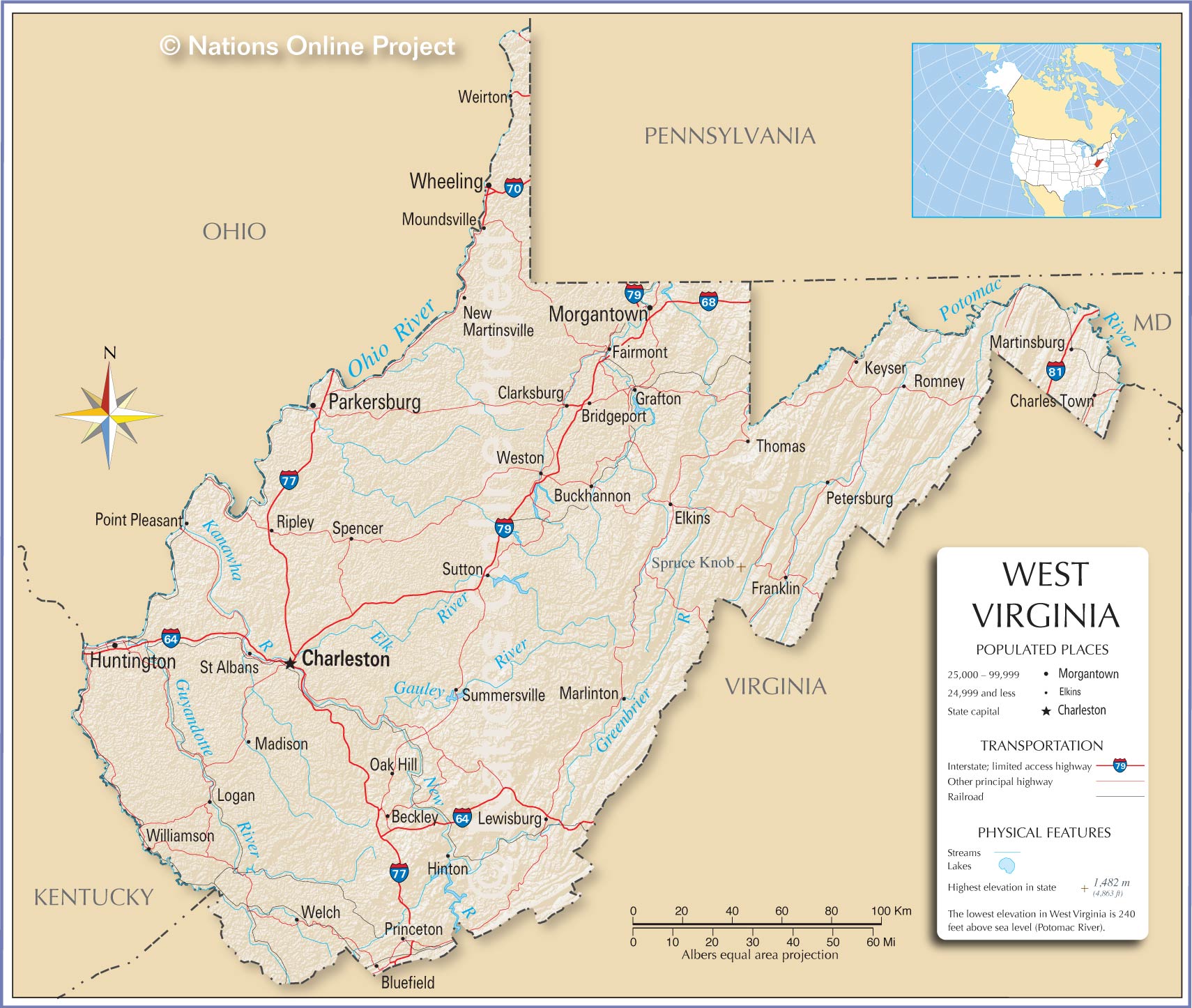 Map Of West Virginia Showing County With Cities And Road Highways ...