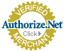 Authorize.Net Verified Merchant badge with a blue and white design, gold seal border, and a "Click" arrow in the center.