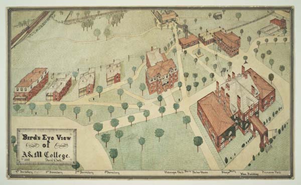 A "bird's eye view" of the campus of the North Carolina College of Agriculture and Mechanic Arts, 1897.