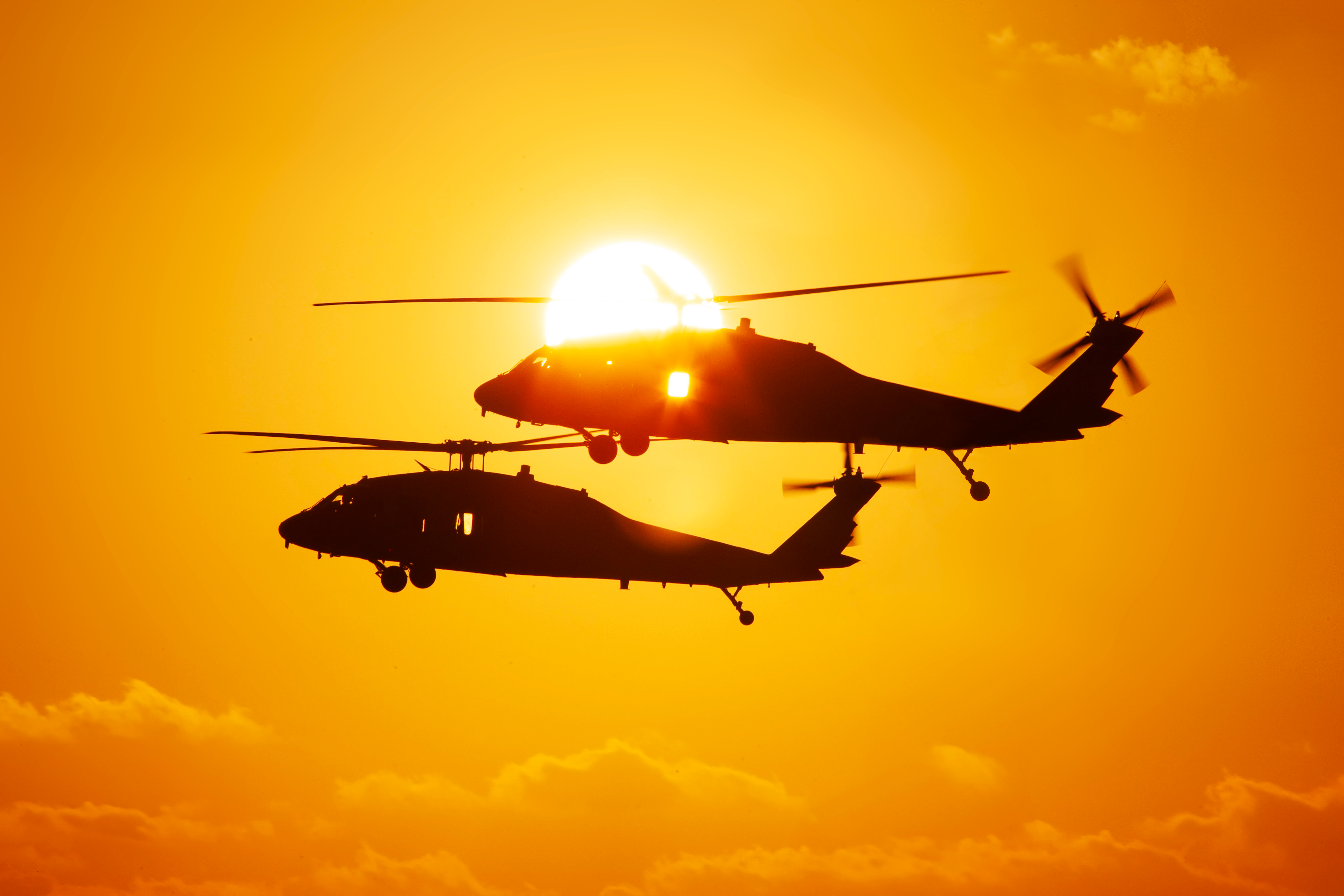 Pair of Israeli Air Force UH-60 Black Hawk "Yanshuf" (Owl) silhouette against the sunset