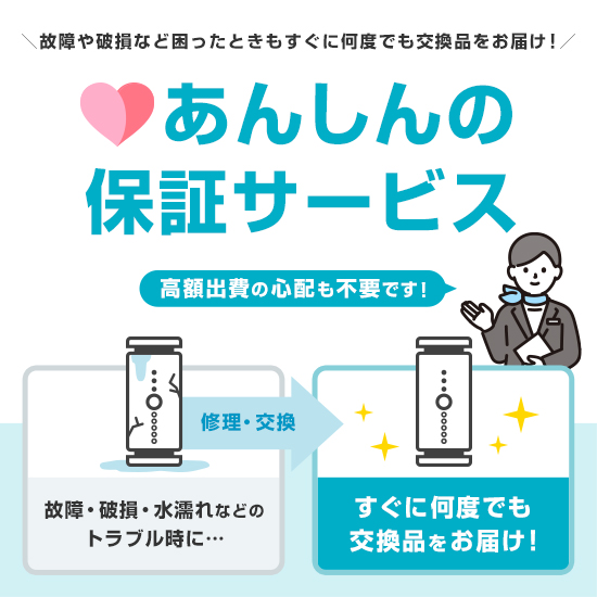 故障や破損など困ったときもすぐに何度でも交換品をお届け！ あんしんの保証サービス 高額出費の心配も不要です！ 故障・破損・水漏れなどのトラブル時に・・・ すぐに何度でも交換品をお届け！