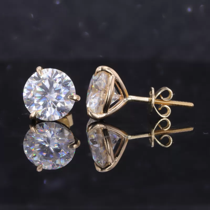 8.5mm Round Brilliant Cut Moissanite 3 Prongs 14K Yellow Gold Diamond Stud Earrings