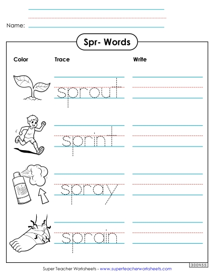 Trace and Write (Spr- Words) Phonics Blends Worksheet