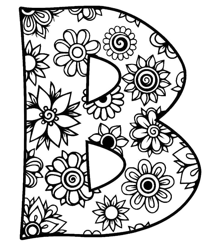 floral letter design, decorative typography, intricate patterns, black and white illustration, B Letter PNG