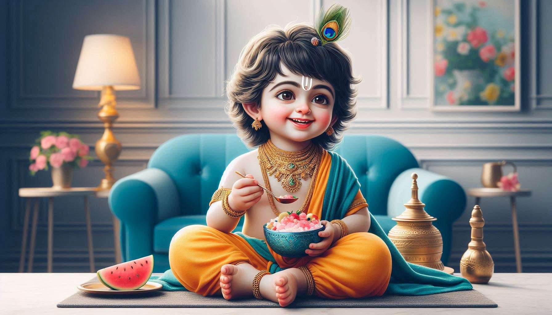 Download Free cute child lord krishna eating makhan illustrations for websites, slideshows, and designs | royalty-free and unlimited use.