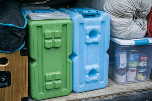 Storing water and food in a van