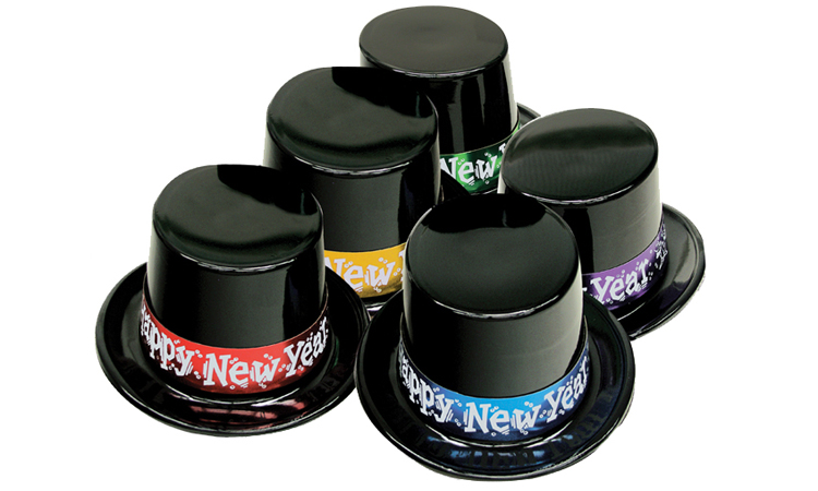 Black Plastic Top Hats with Assorted Color Happy New Year Band