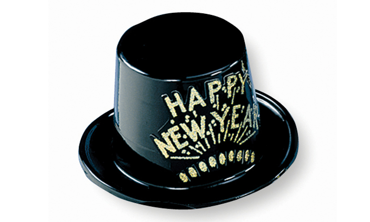 Black Plastic Top Hat with Gold Happy New Year