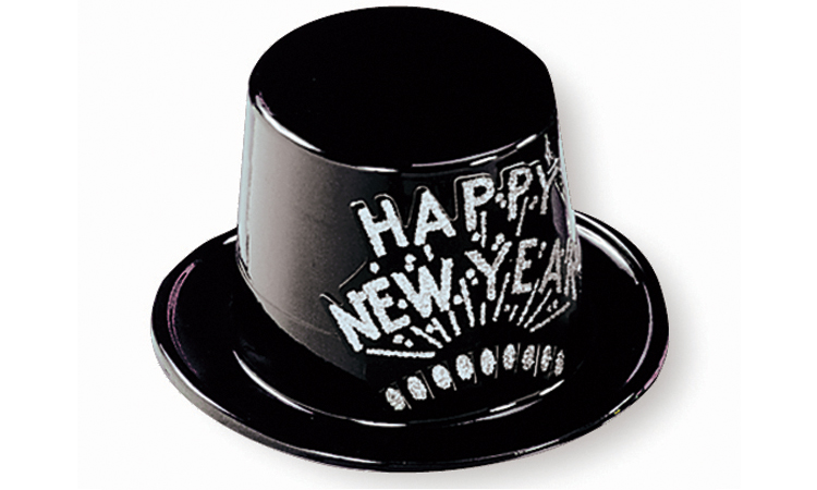 Black Plastic Top Hat with Silver Happy New Year