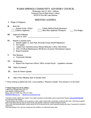 Call to order meeting sample - WARM SPRINGS COMMUNITY ADVISORY COUNCIL MEETING AGENDA - rivcodistrict1