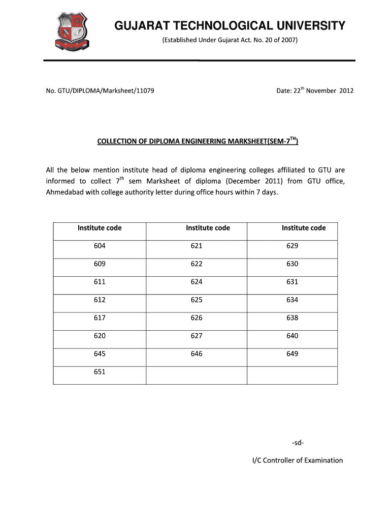 Fillable Online GTU/DIPLOMA/Marksheet/11079Date:22thNovember2012 Fax ...