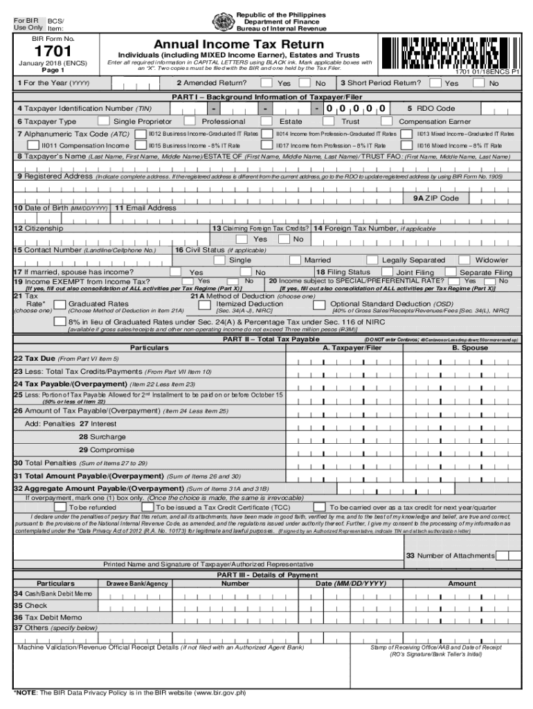 bir form 1701 version 2018 download Preview on Page 1